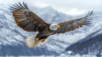 bald eagle in flight against the backdrop of mountains and cloudy sky absolute freedom