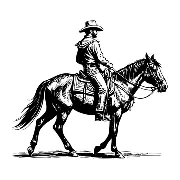 cowboy riding horse on desert sketch engraving black and white outline. Scratch board imitation.
