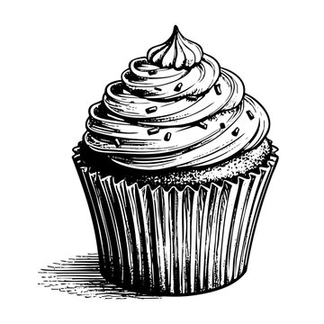 Cup cake sketch engraving black and white outline. Scratch board imitation.
