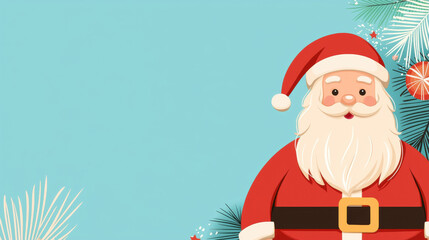 Fototapeta premium Christmas in July Santa. Cheerful Santa Claus against a festive blue background with pine branches.