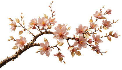 Elegant Cherry Blossom Branch With Golden Leaves on transparent background
