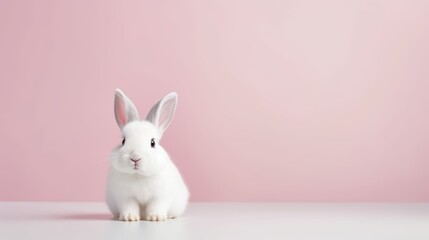 Obraz premium cute animal pet rabbit or bunny white color smiling and laughing isolated with copy space for easter background, rabbit, animal, pet, cute, fur, ear, mammal, background, celebration, generate by AI