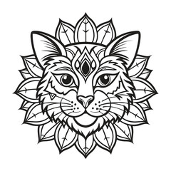 Line art design of a cat head with mandala vector illustration