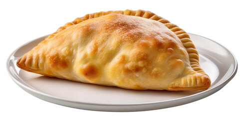 Pizza calzone on white pizza plate, transparent background.