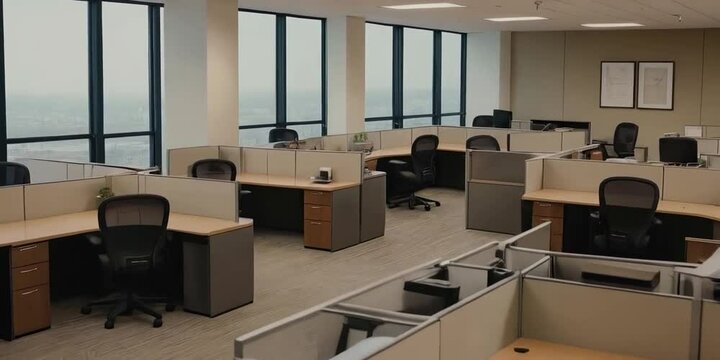 an empty office workspace, with rows of cubicles, large windows, and a bright atmosphere