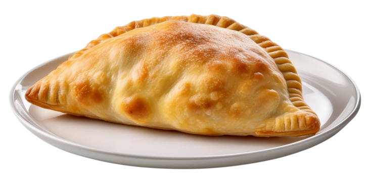 Pizza calzone on white pizza plate, transparent background.
