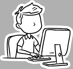 Hand-Drawn Kid Using Computer, Black and White Sketch