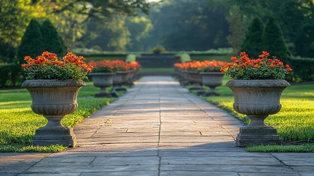 Serene Garden Path with Stone Urns and Orange Flowers at Dawn