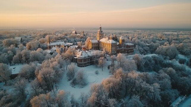 Aerial View of a Snow Covered Town with Historic Buildings at Sunset
