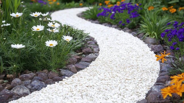 Serene Garden Path with White Gravel and Blooming Flowers