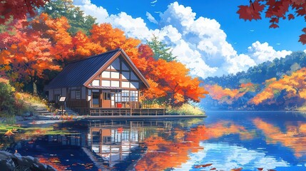 Fototapeta premium Tranquil Autumn House by the Lake Colorful Fall Foliage Reflection