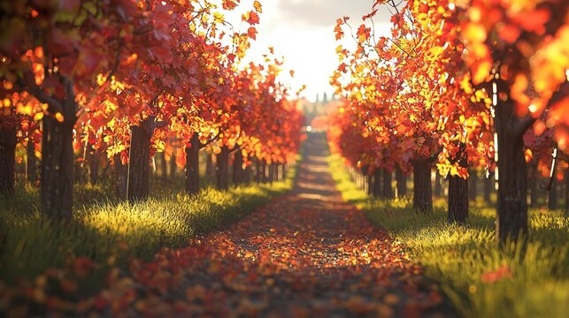 Autumnal Vineyard Path Sunlit Red Leaves Golden Hour