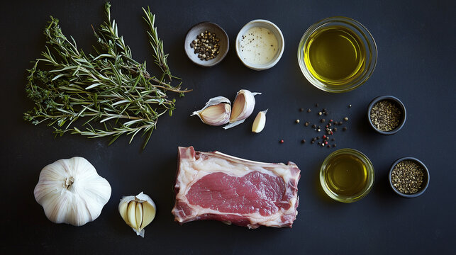 Fresh pork chop with herbs, garlic, sea salt, black pepper, olive oil, and ingredients like garlic and herbs on a kitchen countertop.