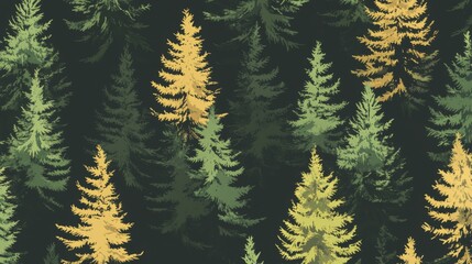 Fototapeta premium Seamless pattern of green and yellow pine trees in forest