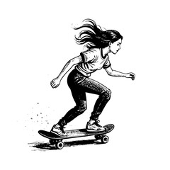 Woman skateboarding engraving black and white outline. Scratch board imitation.  illustrated in vintage line art style on a white background.

