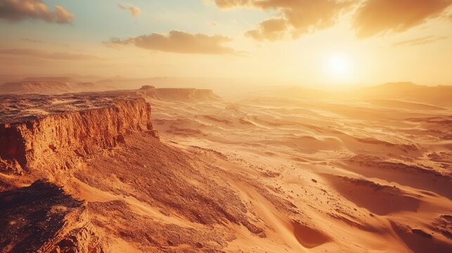 Majestic Desert Landscape at Sunset Golden Sands and Rugged Cliffs