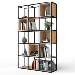 Loft style shelving unit made of metal and wooden shelves for accessories