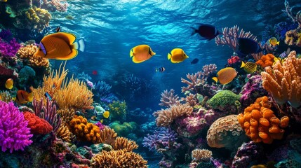 Coral Reef in Full Color  A vivid, colorful underwater coral garden teeming with tropical fish.