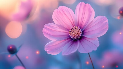 beautiful pink cosmos flowers blooming in the meadow at sunrise