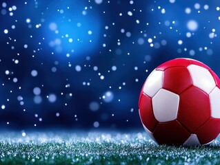 Fototapeta premium A vibrant red and white soccer ball resting on a snowy field under blue lights