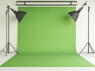 Studio setup with green backdrop and lighting for photography sessions