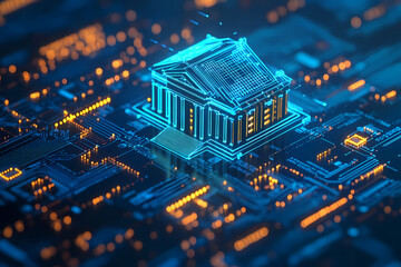 Obraz premium Digital Fortress: A stylized, illuminated depiction of a building sits atop a complex circuit board, symbolizing security, banking, and technological advancement.