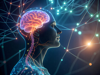 Fototapeta premium Transparent mockup of a human head with a glowing brain and a visualization of the neural network, creating a futuristic representation of intelligence processes.