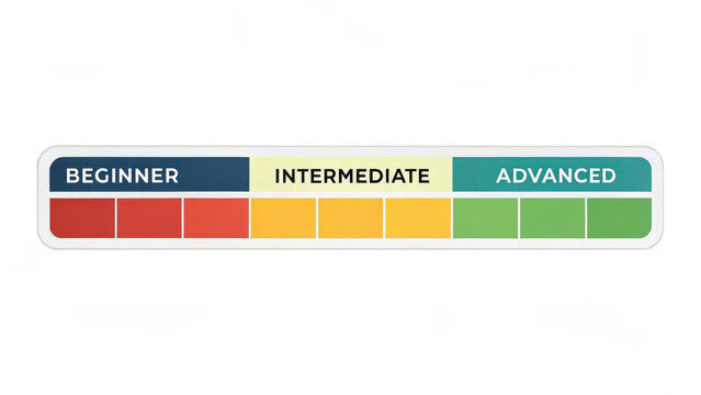 Beginner, intermediate, and advanced progress bar with color coding. This visual representation shows levels of proficiency in clear and engaging manner