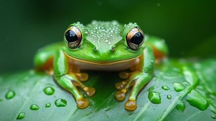Rainy photo of a frog, green skin, bulging eyes, sitting on a wet leaf, close-up framing, tropical rainforest background, soft overcast light, eye-level camera angle, mm f