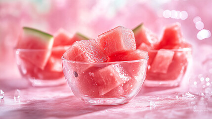 Fototapeta premium Refreshing Watermelon Cubes in Clear Bowls on Pink Background