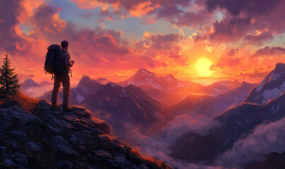 Fototapeta premium A traveler stands atop a breathtaking mountain peak, watching the sun set over a vast horizon