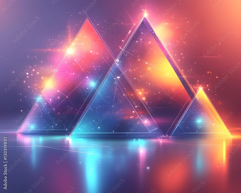 Poster glowing geometric triangles with gradient colors in futuristic digital backdrop