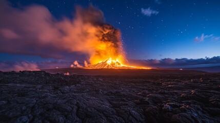Volcanic Eruption at Night  A fiery volcano erupting with molten lava and ash rising into the sky.