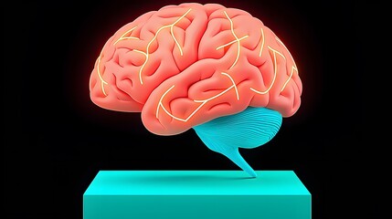A stylized 3D model of a human brain with glowing neural pathways sits on a teal cube against a black background.