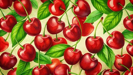 Vibrant Cherry Pattern: Lush Green Leaves & Ripe Red Cherries - Stock Photo
