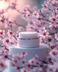 white cosmetic cream jar placed on a minimalist podium surrounded by delicate cherry blossom branches with pink and white flowers, soft natural lighting, blurred dreamy background, 