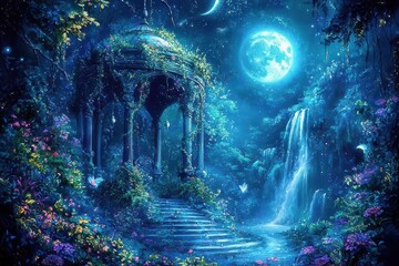 Naklejka premium Vibrant Post-Processed Digital Art of a Dreamy Garden Setting