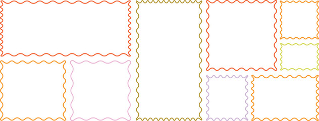 Color rectangle frames with wiggly borders. Different wavy shapes with squiggly edge border. Set of Zigzag wavy edges, rectangles, photo frames, text boxes, labels. Scallop frame set.
