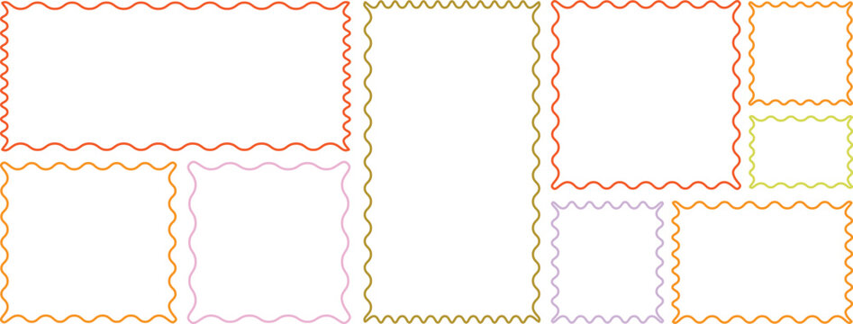 Color rectangle frames with wiggly borders. Different wavy shapes with squiggly edge border. Set of Zigzag wavy edges, rectangles, photo frames, text boxes, labels. Scallop frame set.