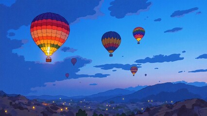 Obraz premium Vibrant Hot Air Balloons Floating Over Scenic Dusk Landscape