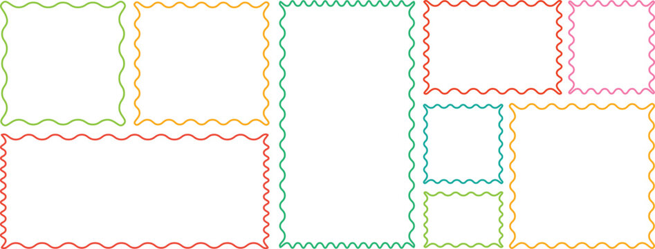 Color rectangle frames with wiggly borders. Set of Zigzag wavy edges, rectangles, photo frames, text boxes, labels. Scallop frame set. Different wavy shapes with squiggly edge border