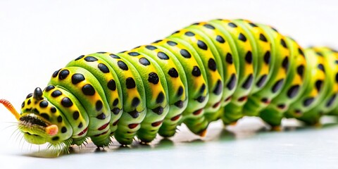 Fototapeta premium Vibrant Green and Yellow Caterpillar with Black Spots - Detailed Macro Stock Photo