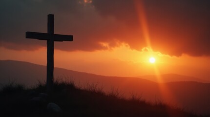 A wooden cross silhouetted on a hill against a dramatic sunset sky with dark clouds, symbolizing the solemnity of Good Friday.