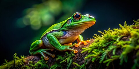 Obraz premium Vibrant Green Tree Frog on Mossy Branch - Night Macro Photography