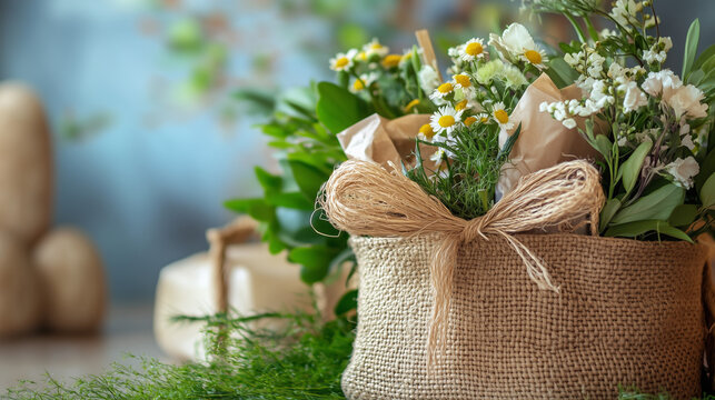 A rustic flower centerpiece with fresh botanical blooms, perfect for nature-inspired home decor, outdoor photography, and handcrafted floral craftsmanship.