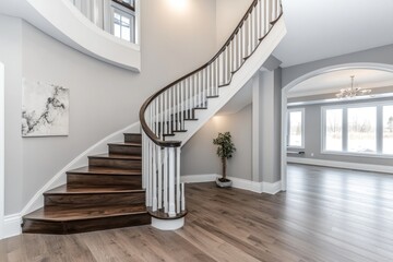 Obraz premium Modern Spiral Staircase in Elegant Home Foyer. Possible Use Interior Design Stock Photo