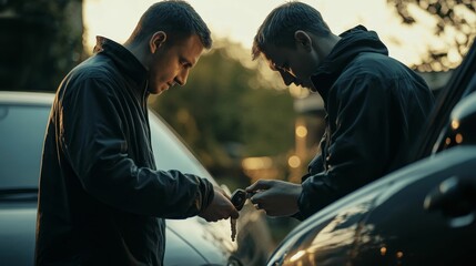Men exchanging car keys near vehicle.