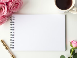 Flat lay of notebook, pink roses, and coffee on white desk, symbolizing creativity and self-care for Women&rsquo;s Day