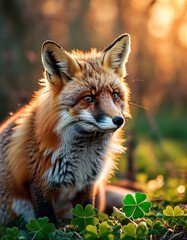 Saint Patricks Day Animal Concept, cute Saint Patrick’s Day green fox, Irish green fox, glover field, shamrock, gold coins, rainbow, Irish tradition