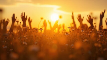 Fototapeta premium Golden sunrise over wildflowers with raised hands silhouette, symbolizing freedom for Women’s Day